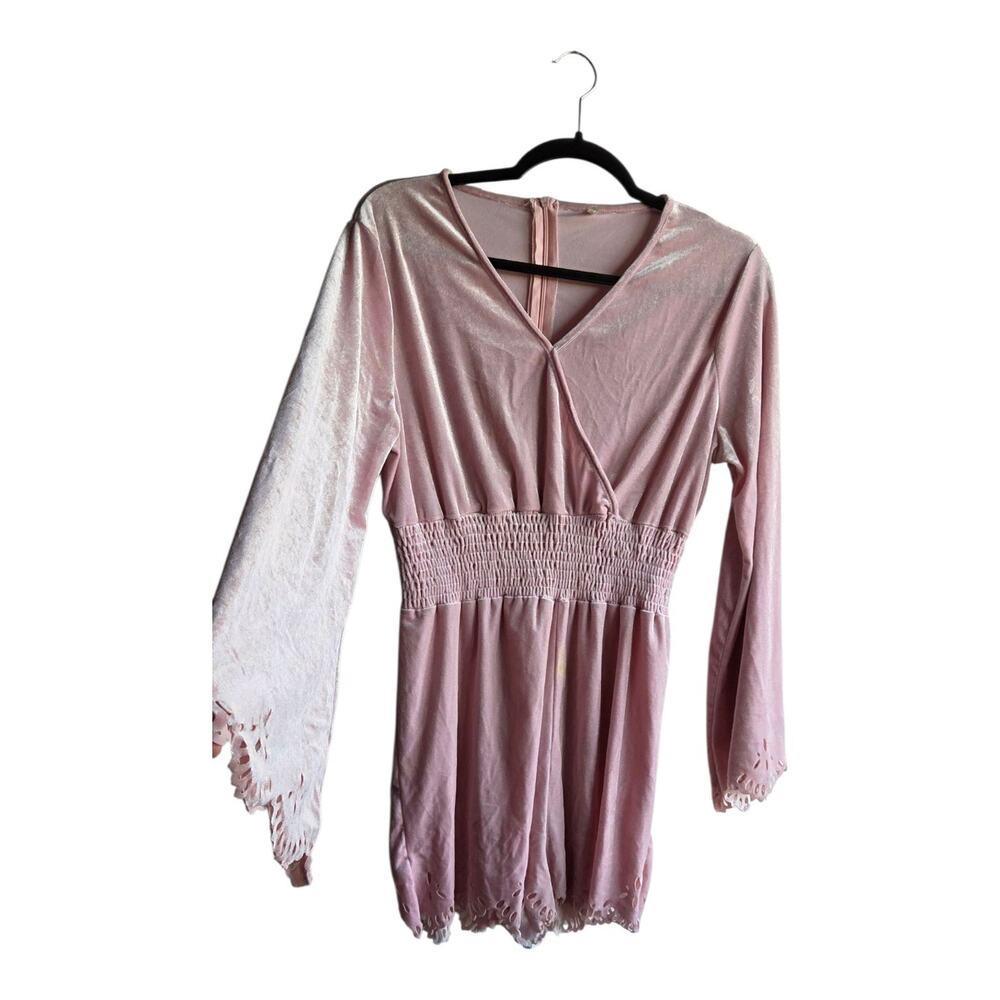 Women's Pink Velvet Sexy Feminine Preppy Romantic Jumpsuit Blouse Top Size L